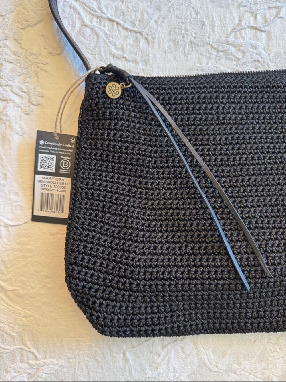 The Sak Mariposa Black Crochet Shoulder Bag with Leather Strap - Picture 2 of 4